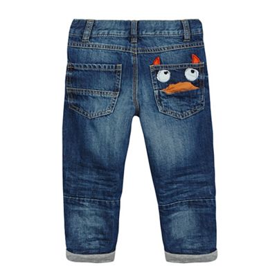 Boys' blue monster applique pocket, jersey lined jeans